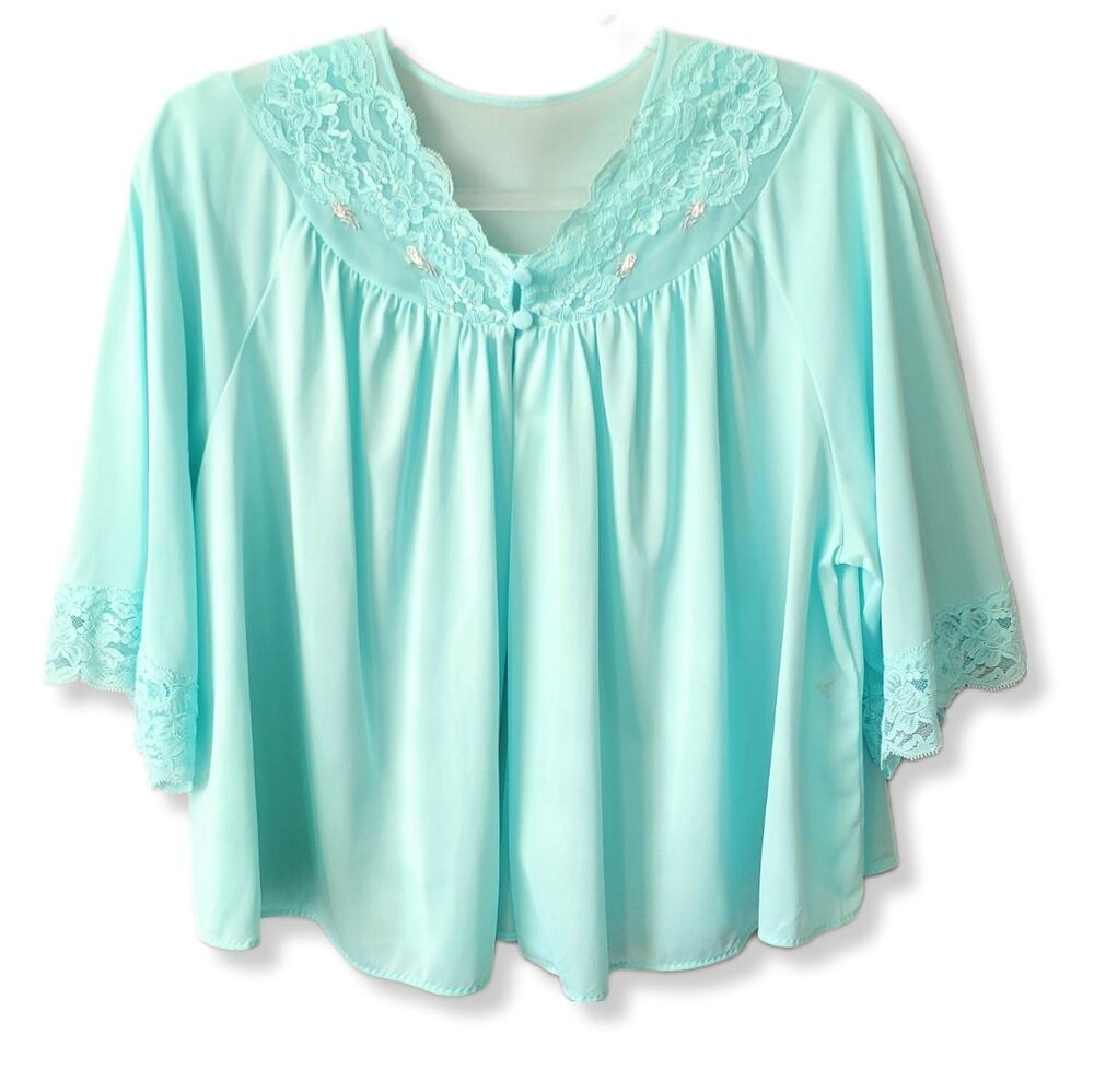 MCM 60s Women Cropped Night Jacket L Lingerie Romantic Delicate Sheer Frilly USA